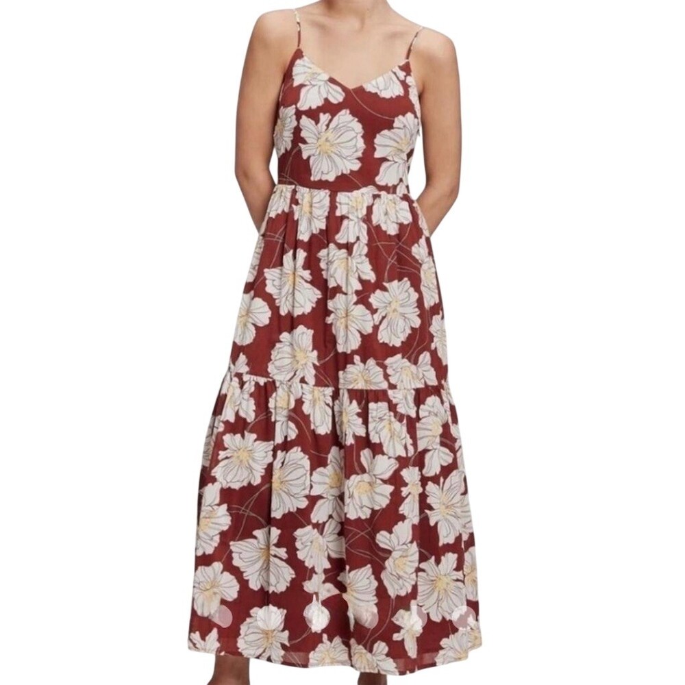 GAP Floral Cotton Maxi Sundress Womens Size 6 Brown V-Neck Tiered Strappy Long